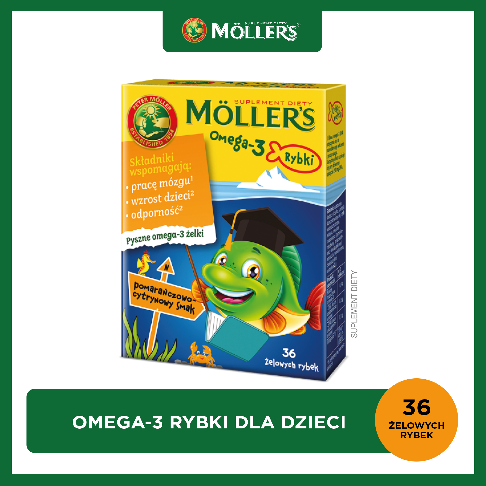 Mollers omega-3 rybki, smak pomarańczowo-cytrynowy, 36 żelowych rybek