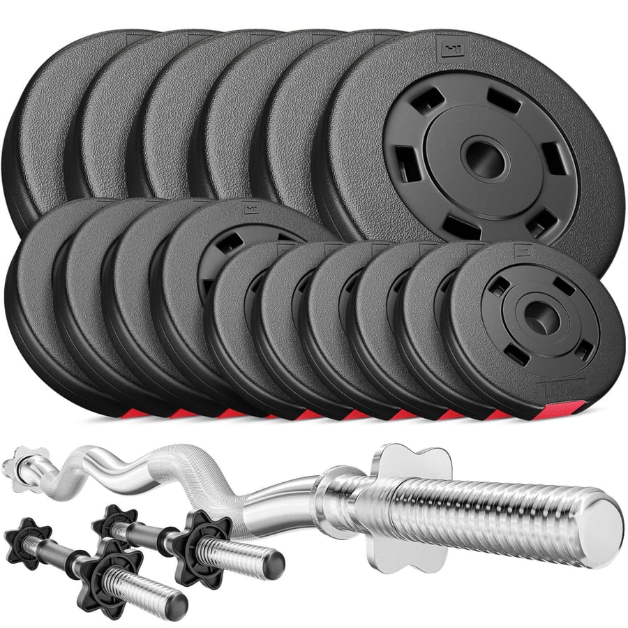 Set d’haltères en plastique 56 kg avec barre Curl EZ et barres courtes