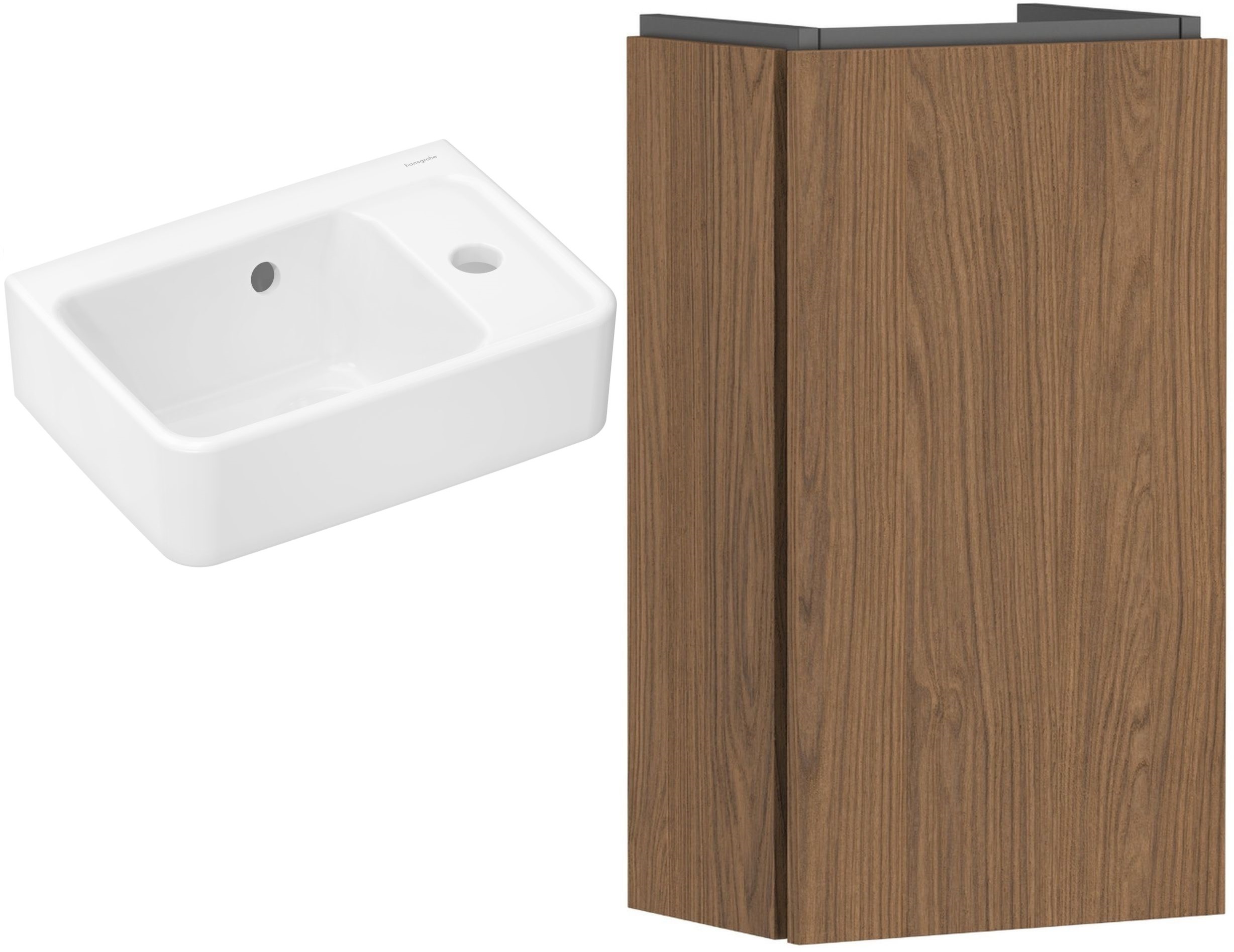 Zestaw Hansgrohe Xanuia Q umywalka z szafką Xilesa E 36 cm prawa biały połysk/kaszmirowy dąb (54244550, 60129450)