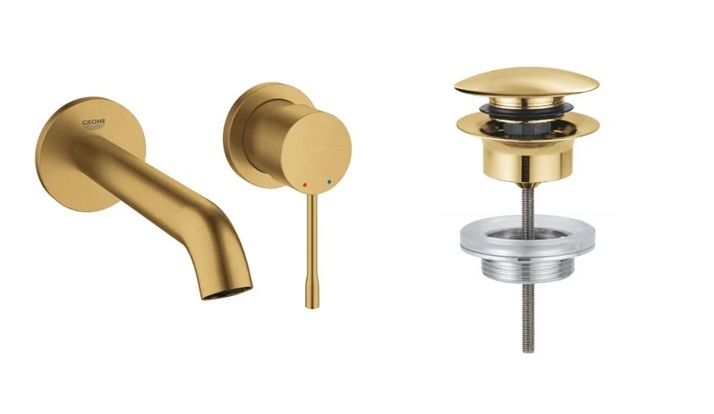 Zestaw Grohe Essence New bateria umywalkowa podtynkowa z korkiem Brushed Cool Sunrise (19408GN1, 65807GN0)