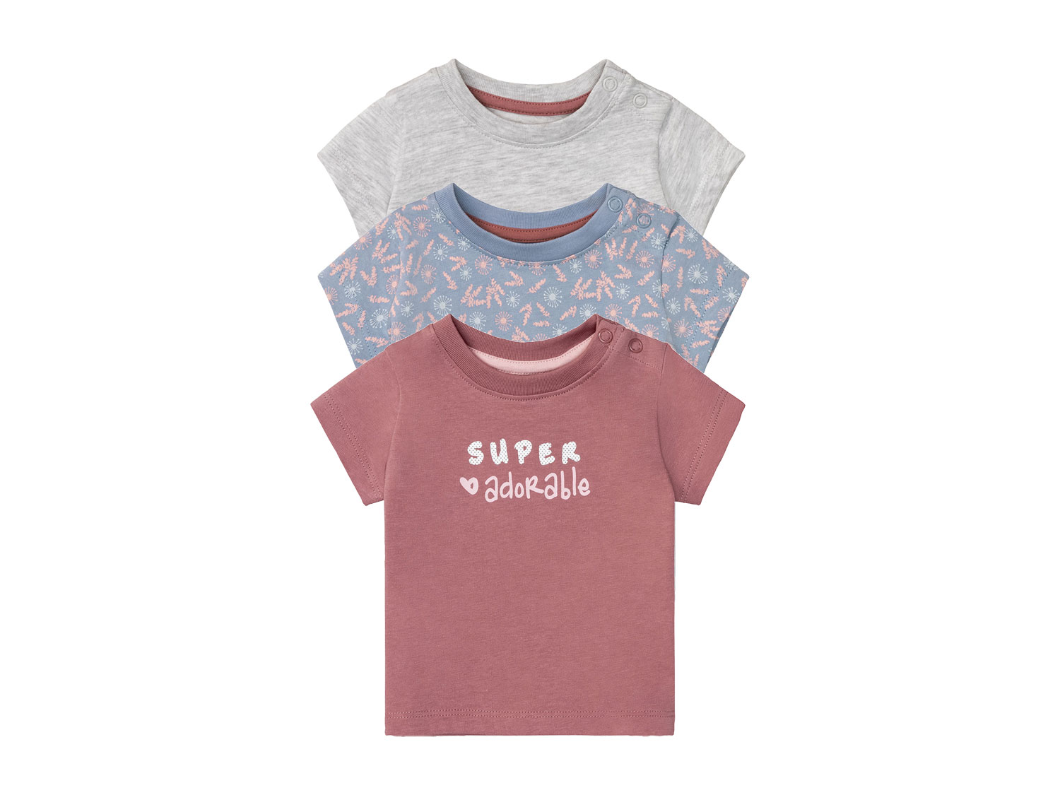 lupilu T-shirt niemowlęcy z biobawełny, 3 sztuki 50/56, Różowy/ niebieski/ szary