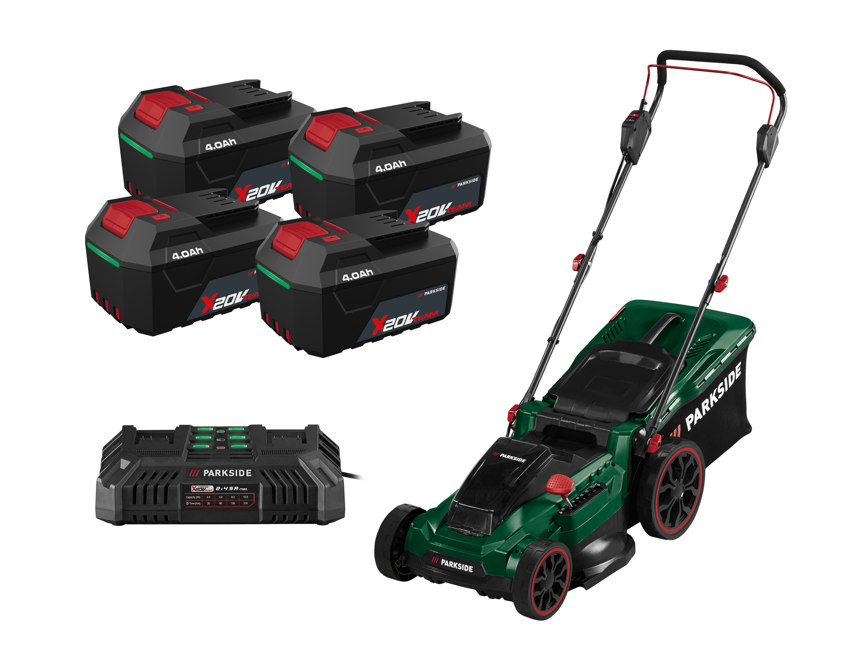Parkside Zestaw Kosiarka 40 V z 4 akumulatorami, 4 Ah i podwójną ładowarką, 2 x 4,5 A