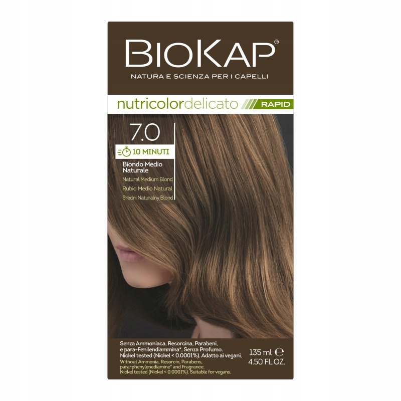 Biokap Delicato Rapid Farba do Włosów | Średni Naturalny Blond 7.0 | Pokrywa Siwe Włosy | Bez Amoniaku