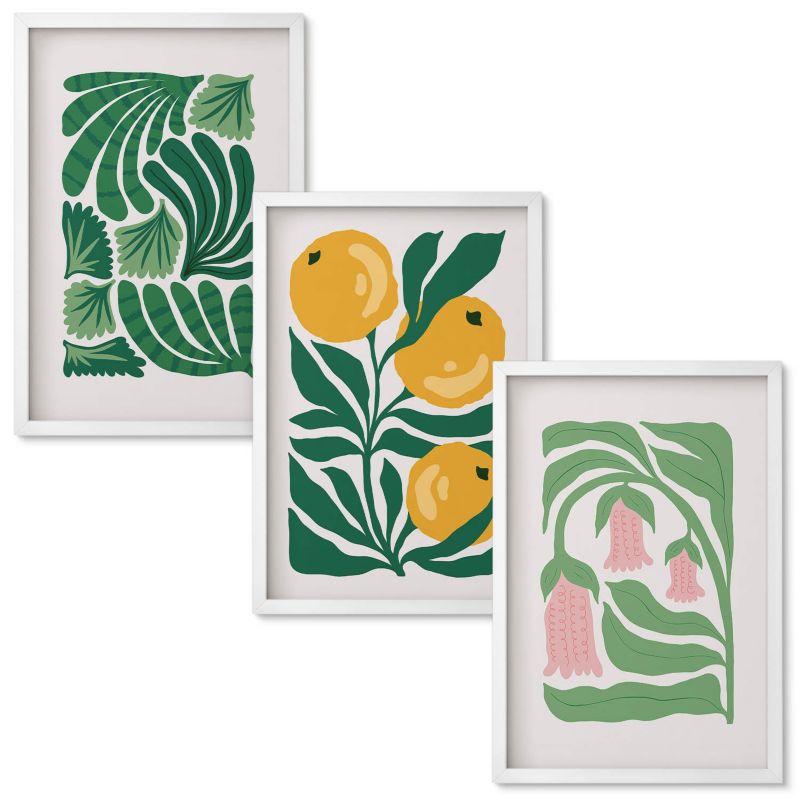 Set Obrazów w Ramie Wallfluent Minimalistyczne wzory roślinne Biała rama 40x60 cm 3 szt.