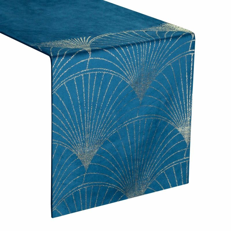 Bieżnik BLINK 14 Eurofirany 35 x 140 cm welwetowy niebieski z dużym wzorem wachlarzy w stylu art deco 1 szt.