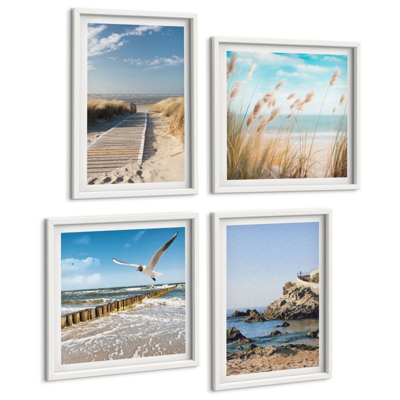 Zestaw Obrazów 4 Częściowy ArtPrintCave (2x50x50+2x40x60cm) Biała rama Plaża drewniana ścieżka klify 1 kpl.
