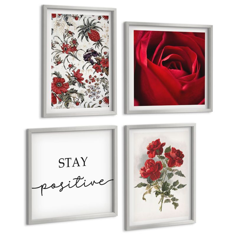 Zestaw Obrazów 4 Częściowy ArtPrintCave (2x50x50+2x40x60cm) Srebrna rama Czerwone róże kwiaty napis 1 kpl.
