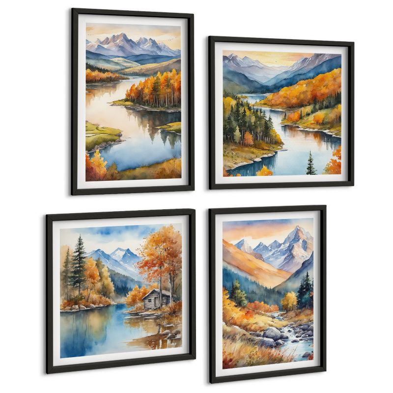 Zestaw Obrazów 4 Częściowy ArtPrintCave (2x50x50+2x40x60cm) Czarna rama Górskie widoki rzeka jesień 1 kpl.