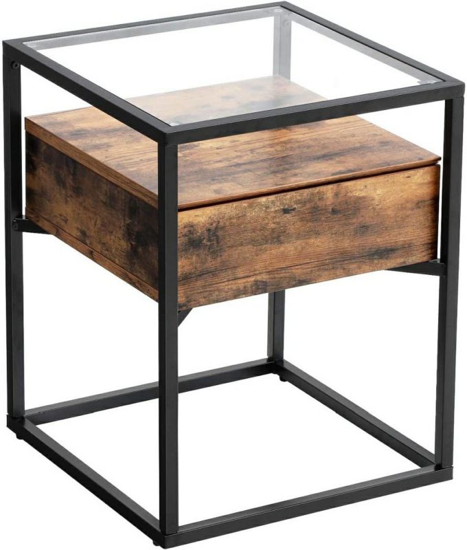 Stolik pomocniczy VASAGLE loft szklany blat 3 półki Songmics czarny brązowy 43x43x54 cm 1 szt.