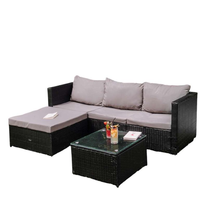 Narożnik Ogrodowy Wypoczynkowy technorattan z poduszkami FERANI TAHITI Zestaw Mebli 193x136cm + stolik czarny/szary 1szt.