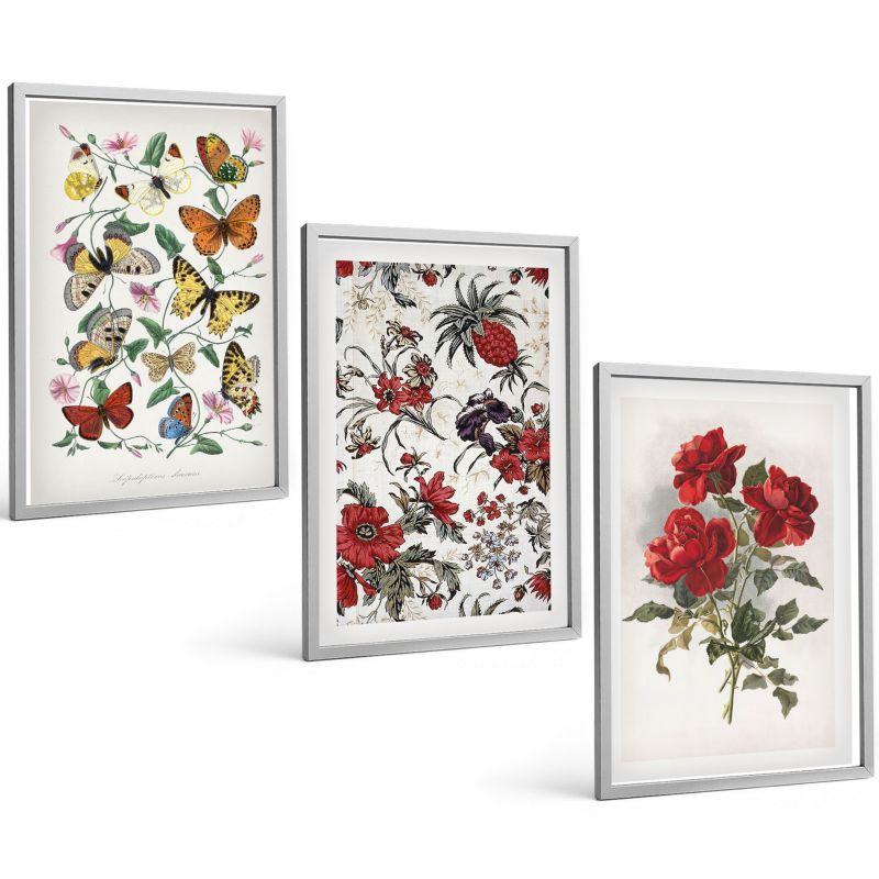 Zestaw Obrazów 3 Częściowy ArtPrintCave Srebrne Ramki 40x60 cm Dekoracja do Sypialni Motyle kwiaty czerwone róże 1 kpl.