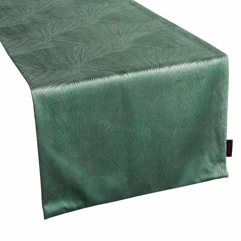 Bieżnik GOJA PIERRE CARDIN Eurofirany 40 x 140 cm zielony welwetowy z błyszczącym nadrukiem w formie liści miłorzębu 1 szt.