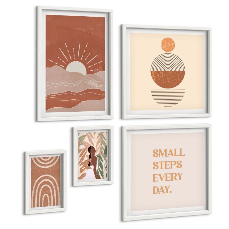 Pięcioczęściowy Zestaw Obrazów ArtPrintCave (2x50x50+2x20x30+40x60cm) Biała rama Relaksujący Budda na plaży 1 kpl.