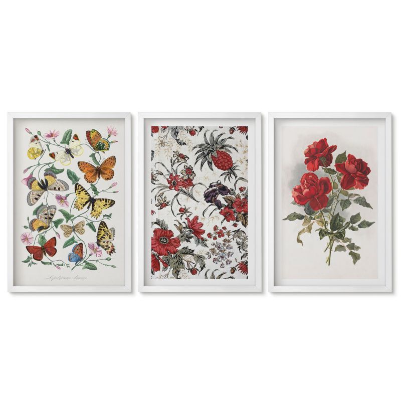Zestaw 3 obrazów w białych ramach Tulup 40x60 cm Motyle kwiaty czerwone róże Dekoracja ścienna do przedpokoju 1 kpl