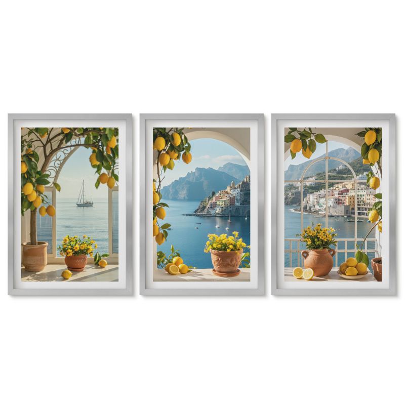 Tryptyk w srebrnej ramie Tulup 40x60 cm Morze miasteczko cytryny kwiaty Obrazy do kuchni w ramie 1 kpl