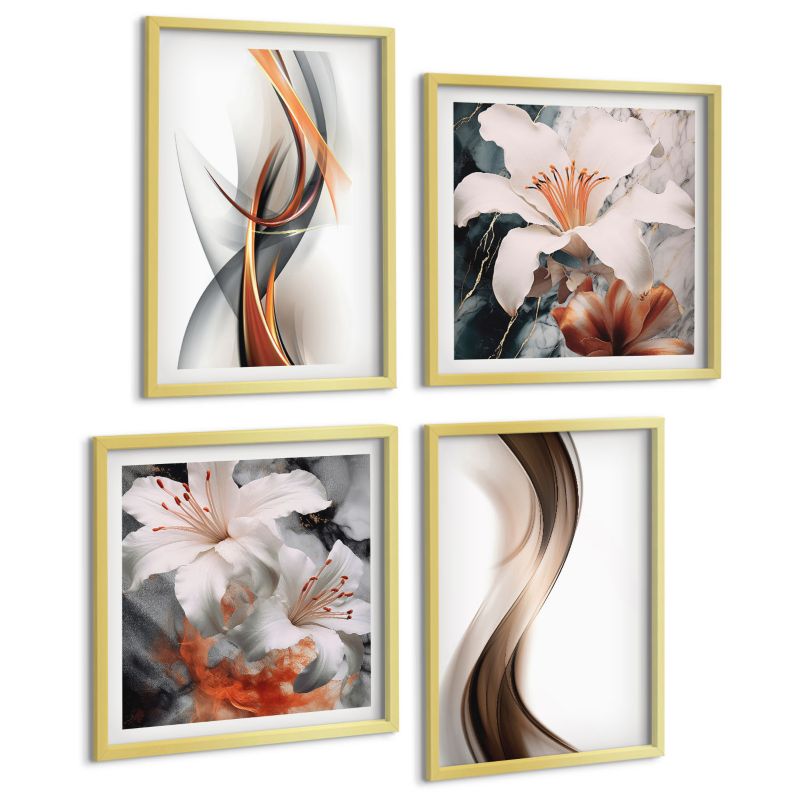 Komplet 4 Obrazów ArtPrintCave (2x50x50+2x40x60cm) Złota rama Fale żółte szaro brązowe 1 kpl.