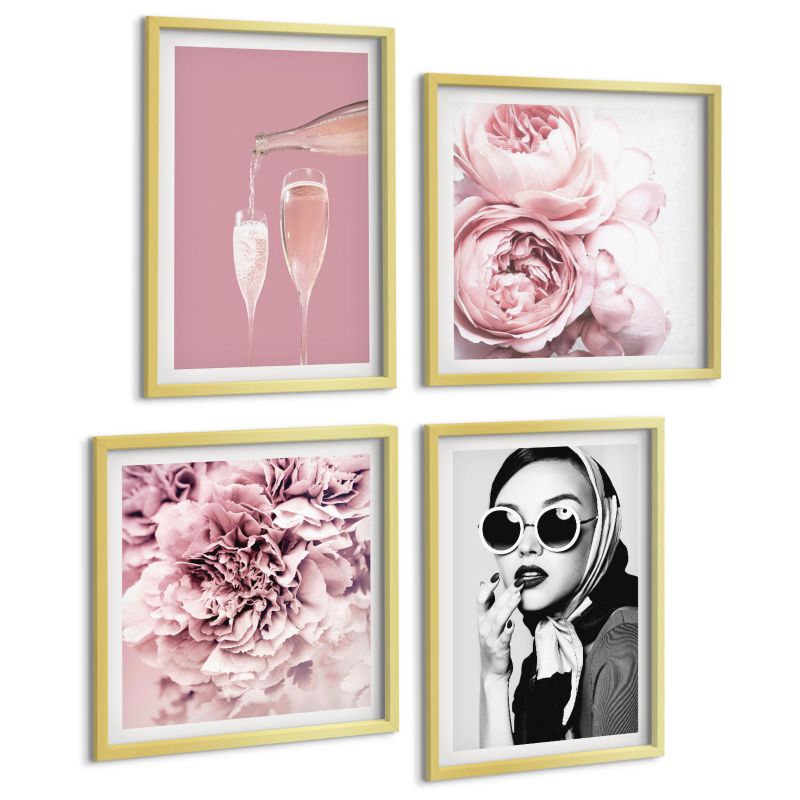 Galeria 4 Obrazów ArtPrintCave (2x50x50+2x40x60cm) Złota rama Kwiaty piwonie róże elegancja 1 kpl.