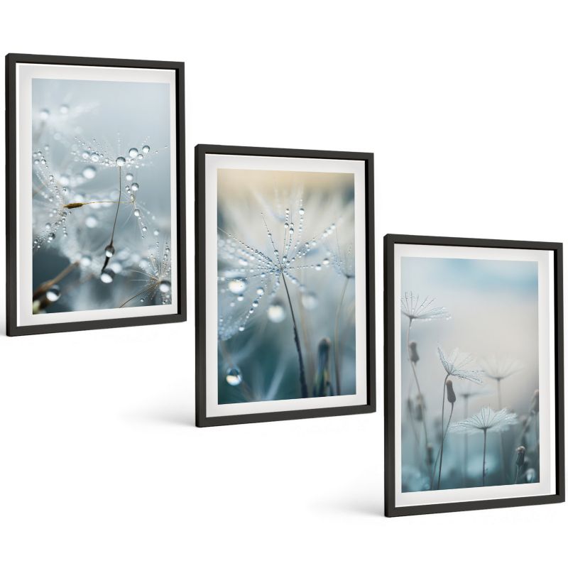 Zestaw Obrazów 3 Częściowy ArtPrintCave Czarne Ramki 40x60 cm Dekoracja do Sypialni Krople rosy na dmuchawcach 1 kpl.