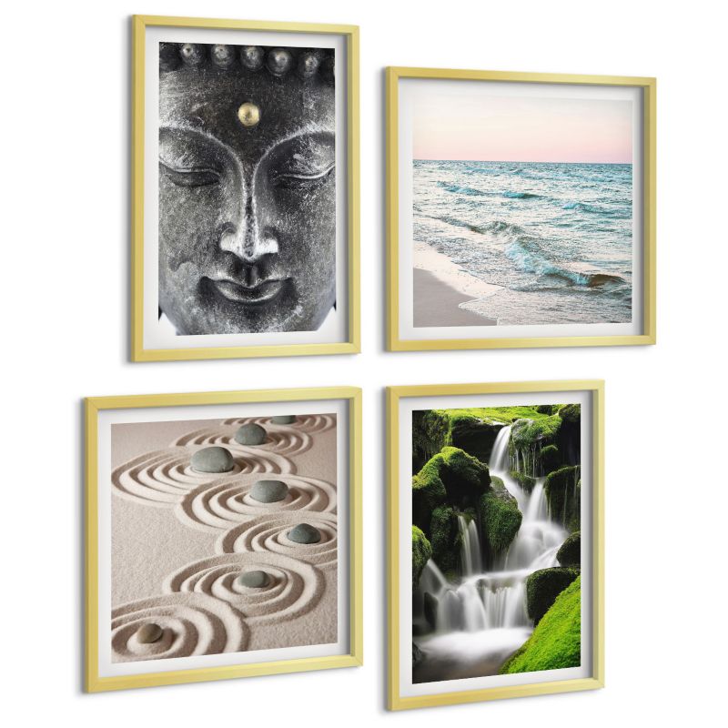 Galeria 4 Obrazów ArtPrintCave (2x50x50+2x40x60cm) Złota rama Spokój natury z Buddą 1 kpl.