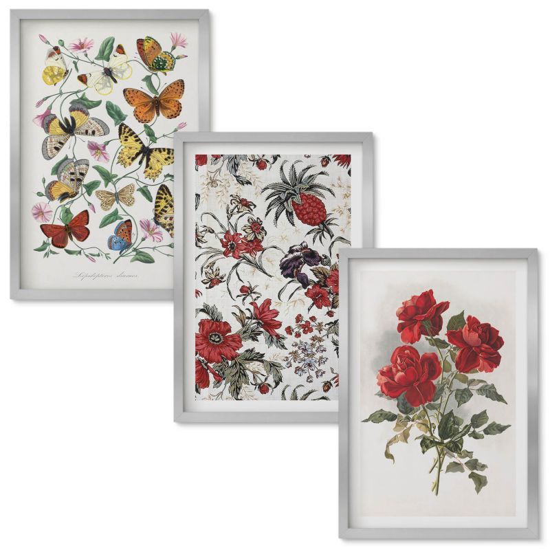 Set Obrazów w Ramie Wallfluent Motyle kwiaty czerwone róże Srebrna rama 40x60 cm 3 szt.