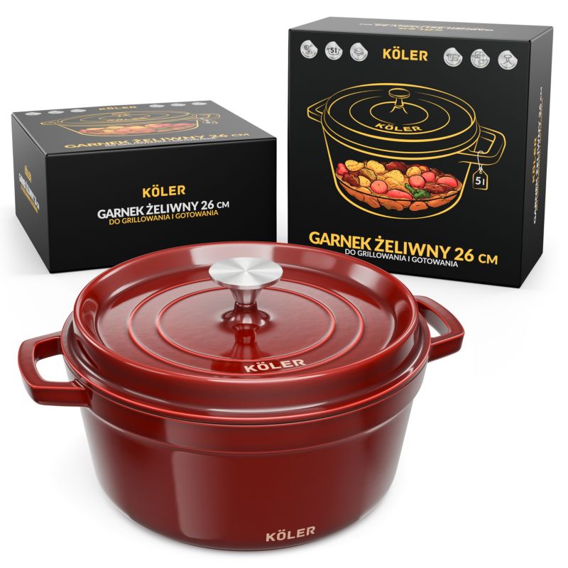 Garnek Żeliwny Koler 5L Emaliowany z Pokrywką Czerwony 26cm Indukcja Piekarnik 1 szt