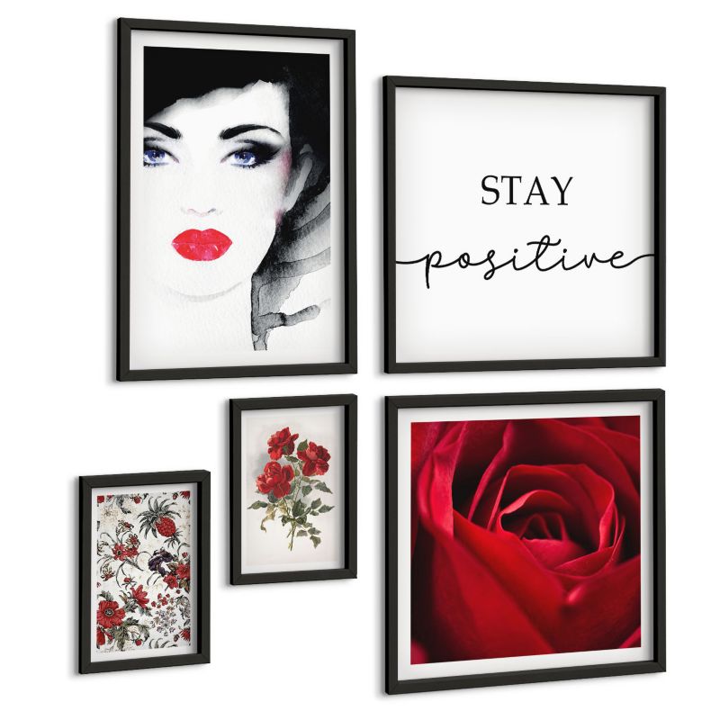 Zestaw Obrazów 5 Częściowy ArtPrintCave (2x50x50+2x20x30+40x60cm) Czarna rama Czerwone róże kwiaty napis 1 kpl.