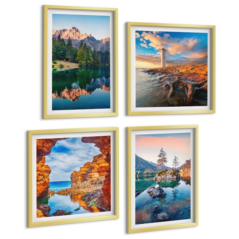 Zestaw 4 Obrazów ArtPrintCave (2x50x50+2x40x60cm) Złota rama Górskie jeziora odbicie skały 1 kpl.