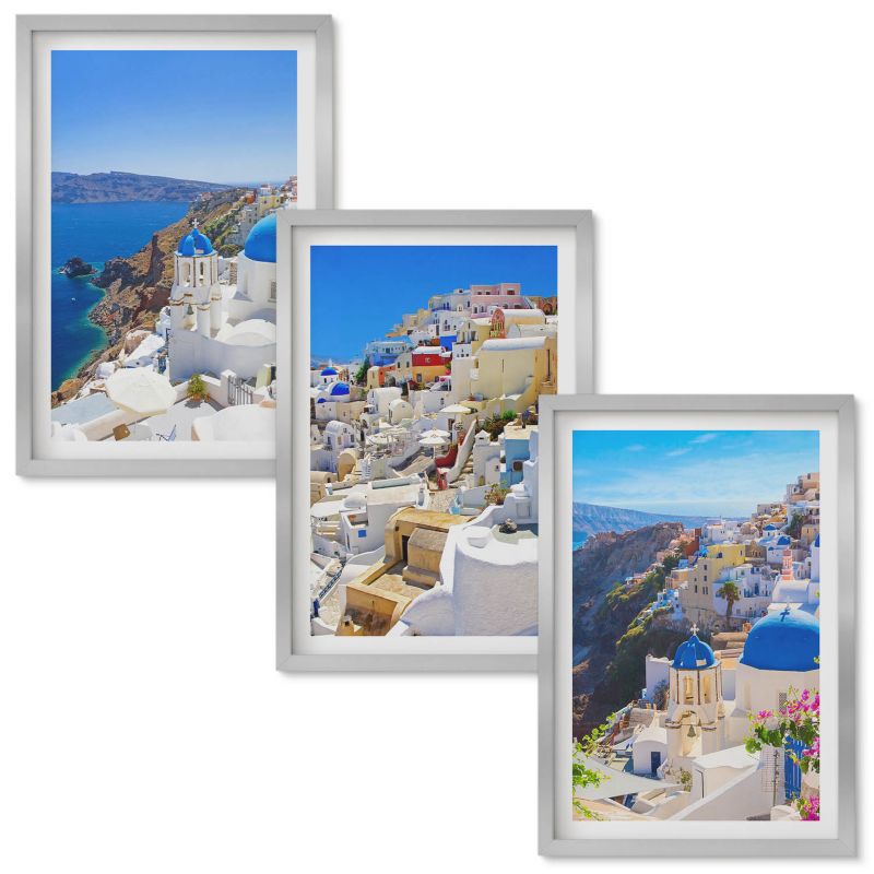 Zestaw Obrazów w Ramie Wallfluent Krajobraz architektura Oia Santorini Srebrna rama 40x60 cm 3 szt.