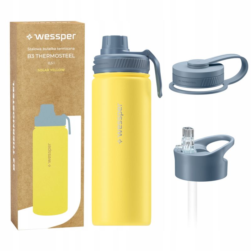 Butelka termiczna, Wessper, B3 THERMOSTEEL, termos na kawę, trzy ustniki, stal, 0.5l, żółty, 1szt