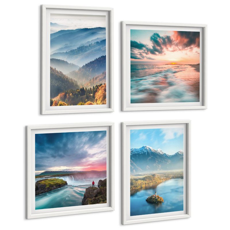 Galeria 4 Obrazów ArtPrintCave (2x50x50+2x40x60cm) Biała rama Krajobrazy górskie wodospady 1 kpl.