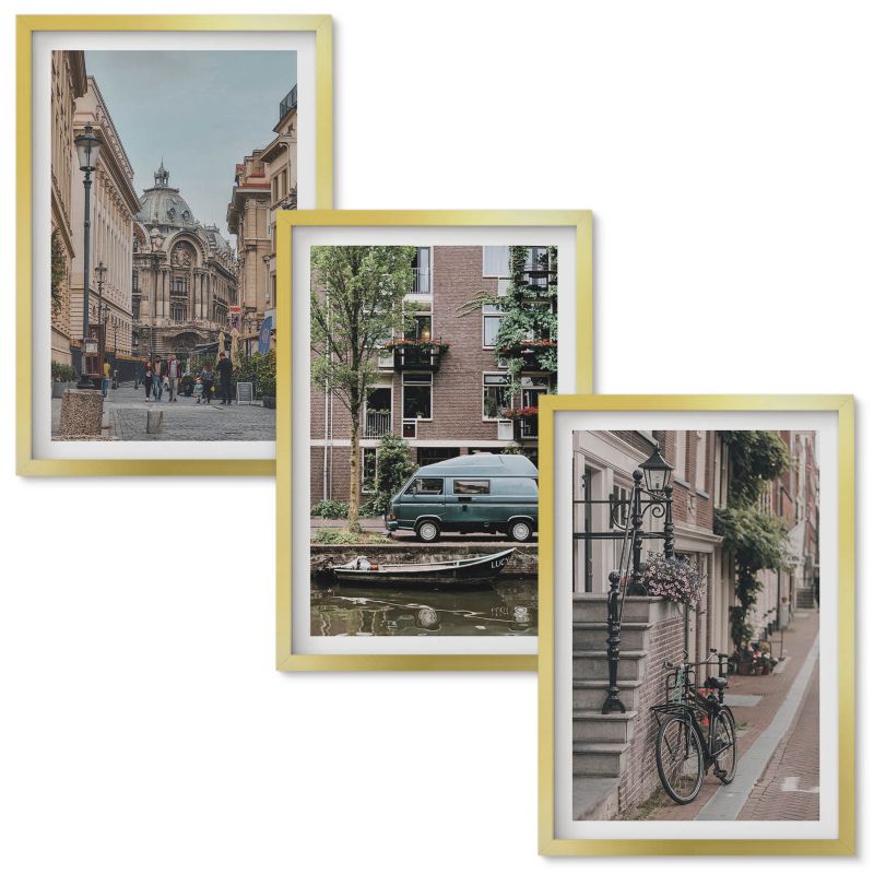 Zestaw obrazów Wallfluent Miejskie widoki na budynki Złota rama 40x60 cm 3 szt.