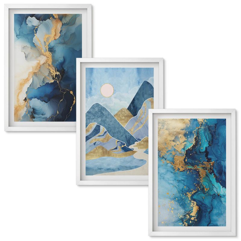 Obrazy do Salonu Wallfluent Niebieskie góry abstrakcyjne wzory Biała rama 40x60 cm 3 szt.