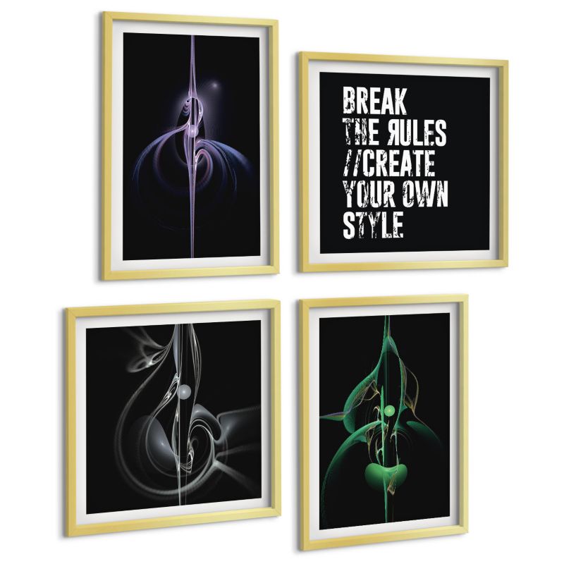 Zestaw Obrazów 4 Częściowy ArtPrintCave (2x50x50+2x40x60cm) Złota rama Abstrakcyjne czarne wzory 1 kpl.