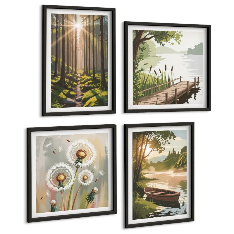 Czteroczęściowy Zestaw Obrazów ArtPrintCave (2x50x50+2x40x60cm) Czarna rama Krajobraz lasu jezioro łódź 1 kpl.