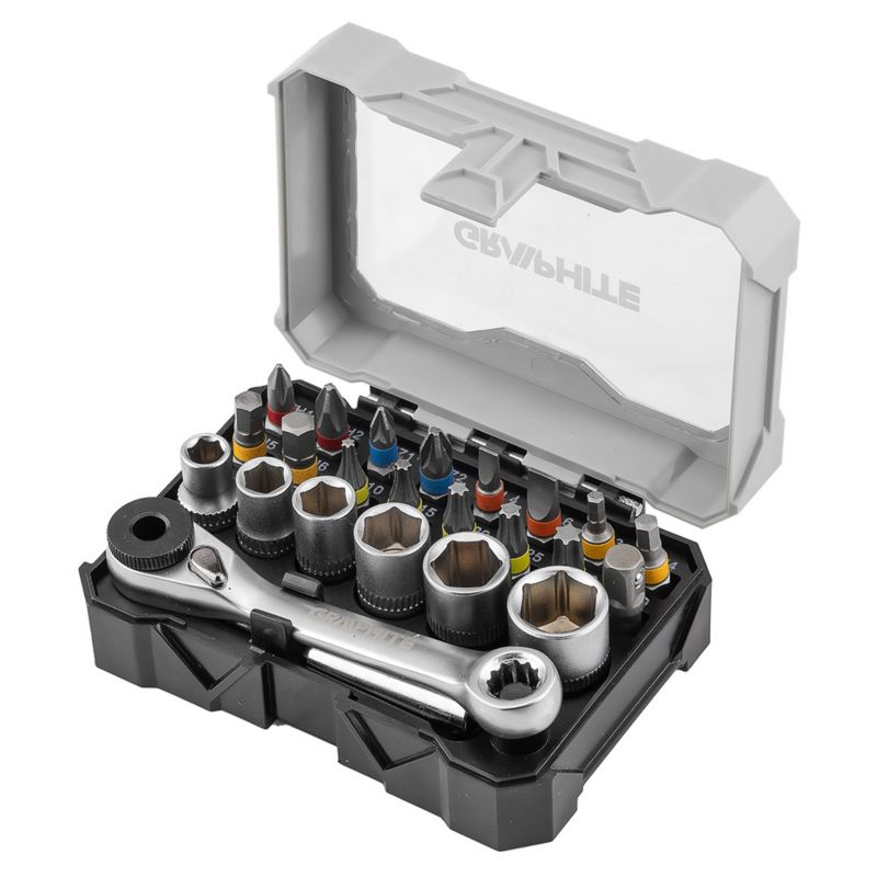 Zestaw bitów i nasadek GRAPHITE 24 szt., 25 mm - 2 x PH, 2 x PZ, 2 x SL, 4 x HEX, 5 x TX, nasadki 6 szt. 1 kpl