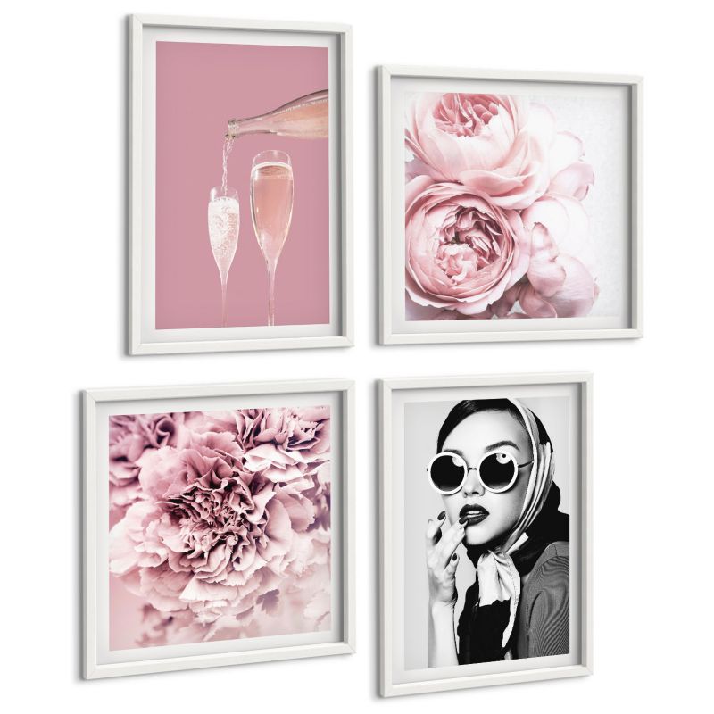 Galeria 4 Obrazów ArtPrintCave (2x50x50+2x40x60cm) Biała rama Kwiaty piwonie róże elegancja 1 kpl.