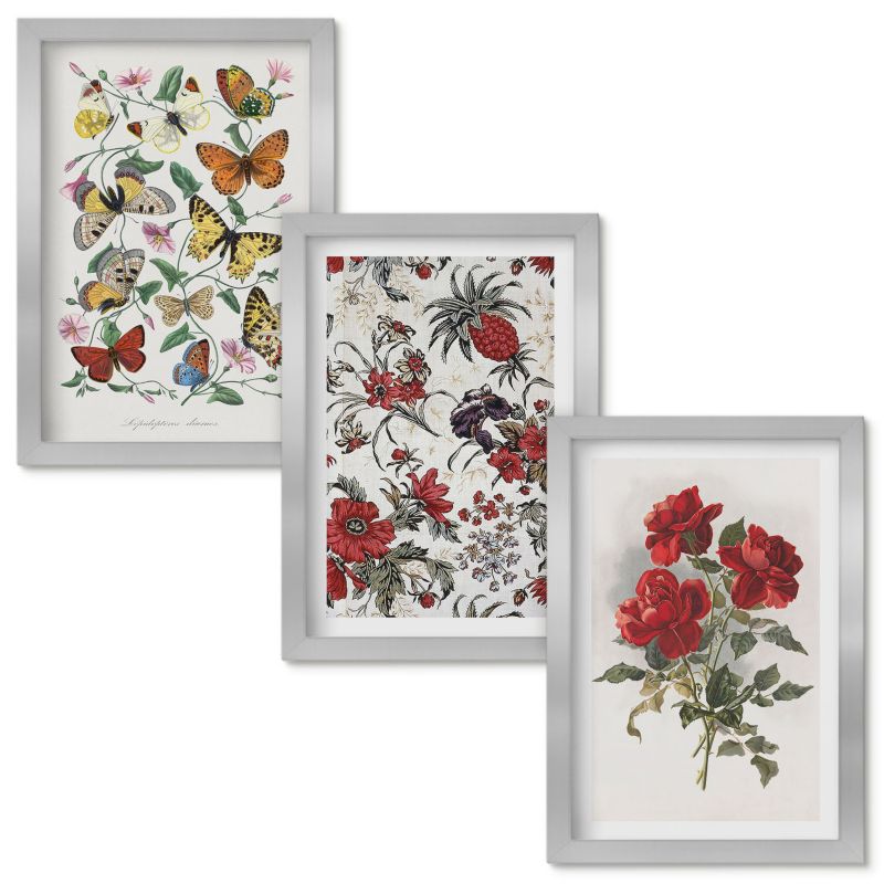 Set Obrazów w Ramie Wallfluent Motyle kwiaty czerwone róże Srebrna rama 20x30cm 3 szt.