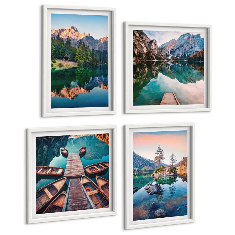 Komplet 4 Obrazów ArtPrintCave (2x50x50+2x40x60cm) Biała rama Górskie jeziora odbicie las 1 kpl.
