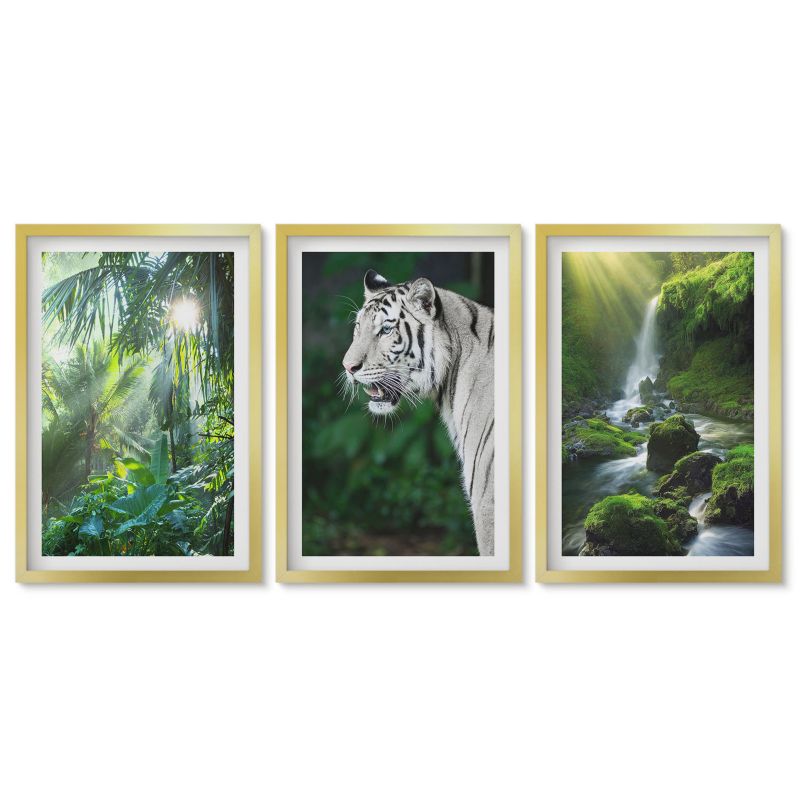 Zestaw 3 obrazów w złotych ramach Tulup 40x60 cm Dżungla tygrys wodospad Stylowa galeria nad biurko 1 kpl