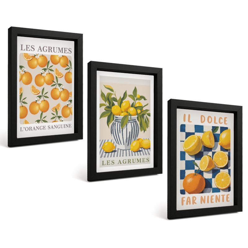 Zestaw 3 Obrazów w Czarnej Ramie ArtPrintCave 20x30 cm Galeria Ścienna Owoce cytrusowe retro żółte 1 kpl.