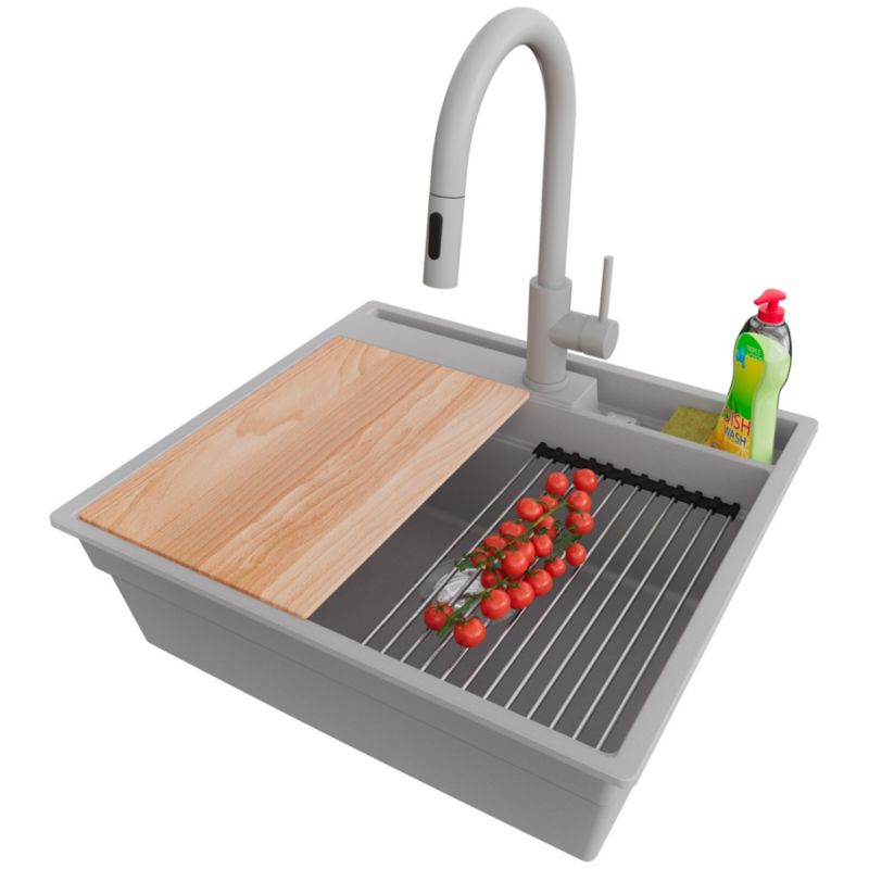 Zlewozmywak Granitowy Oslo Pocket PRIMAGRAN Nablatowy 58x53cm do Szafki od 60cm, Szary + Bateria 40x20cm + Syfon, S287, 1 szt.