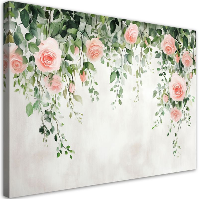 Obraz do salonu sypialni Feeby Wiszące róże kwiaty zielone liście beton 90x60cm 1szt