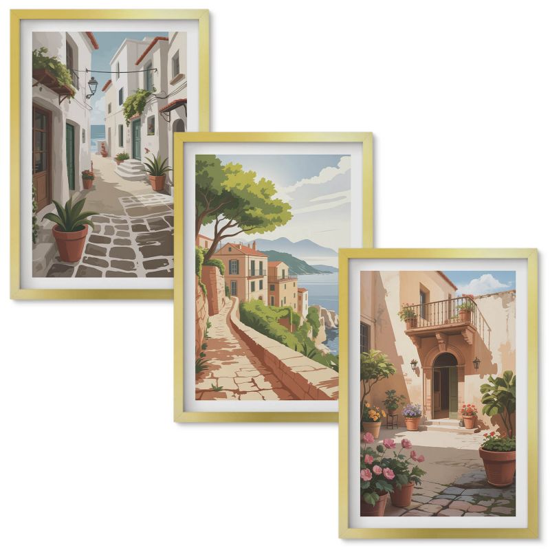 Set Obrazów w Ramie Wallfluent Uliczki domy rośliny donice Złota rama 40x60 cm 3 szt.