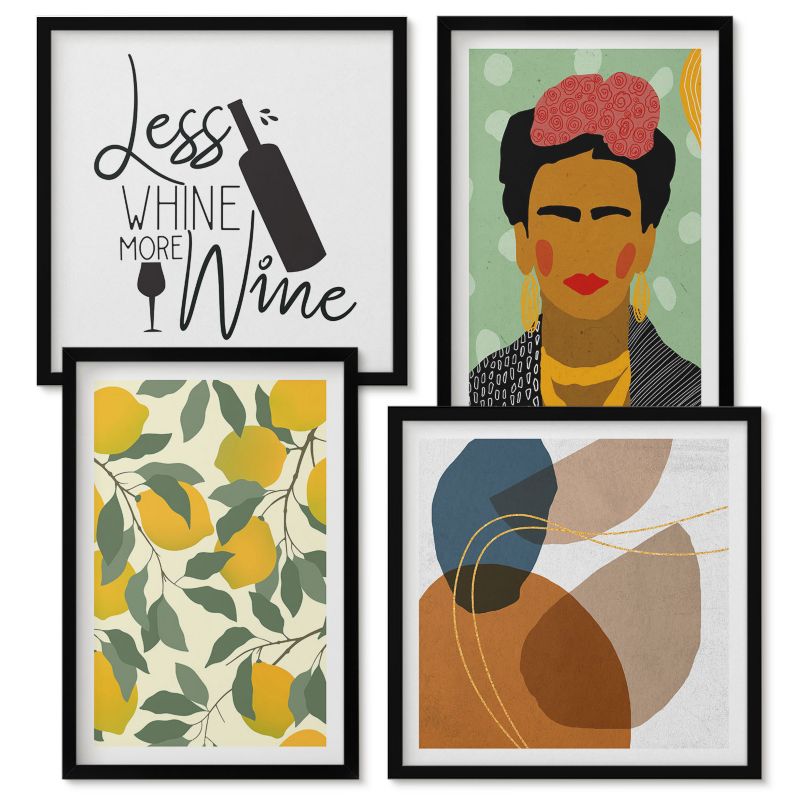 Set Obrazów w Ramie Wallfluent Cytryny wino portret Fridy Czarna rama 4 szt.
