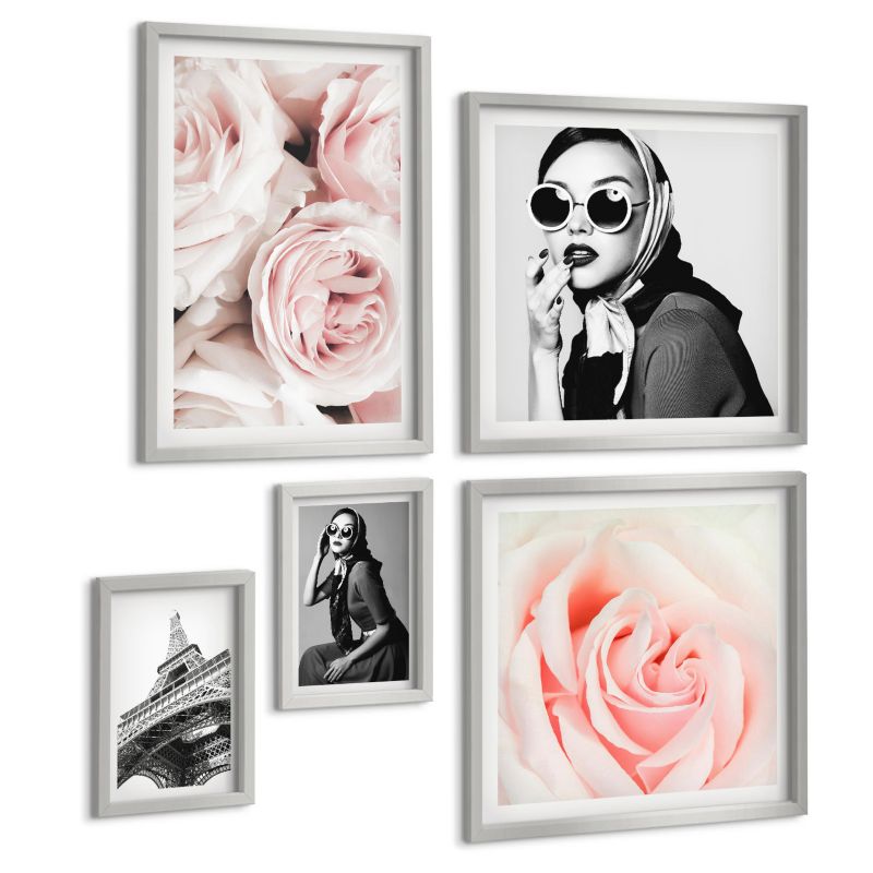 Galeria 5 Obrazów ArtPrintCave (2x50x50+2x20x30+40x60cm) Srebrna rama Kwiaty piwonie róże elegancja 1 kpl.