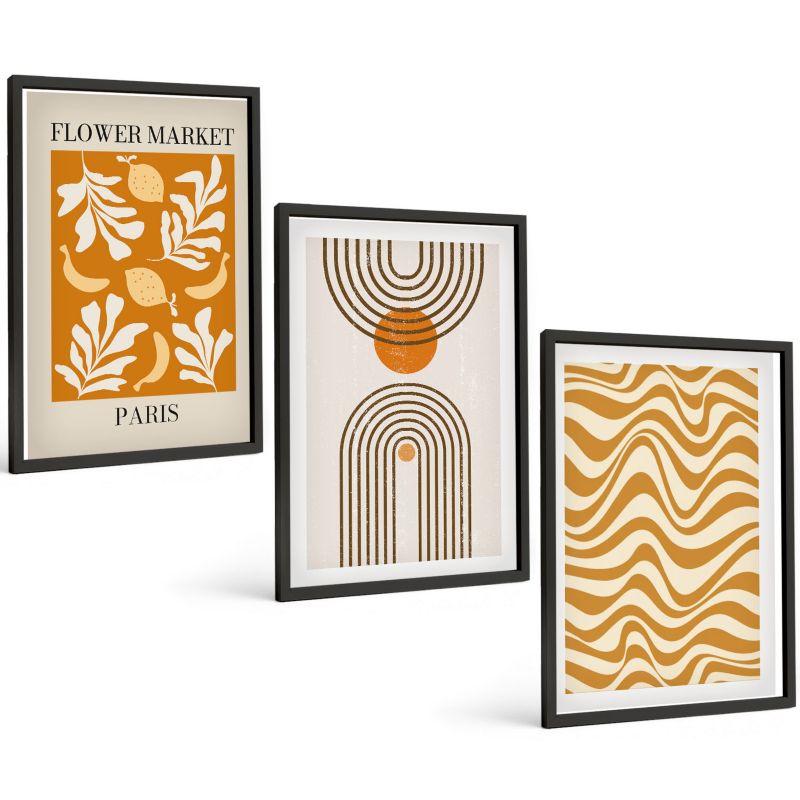 Komplet 3 Obrazów w Czarnej Ramie ArtPrintCave 40x60 cm Grafika Ścienna Wzory roślinne geometryczne postery 1 kpl.