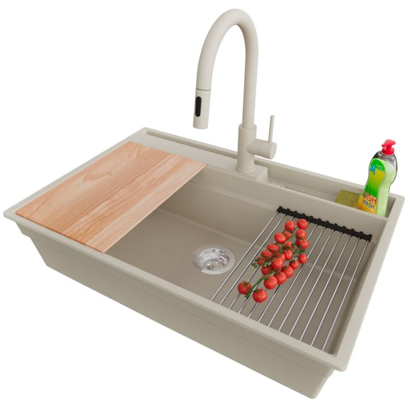 Zlewozmywak Granitowy Oslo Pocket PRIMAGRAN Nablatowy 78x53cm do Szafki od 80cm, Beżowy + Bateria 40x20cm + Syfon, S348, 1 szt.