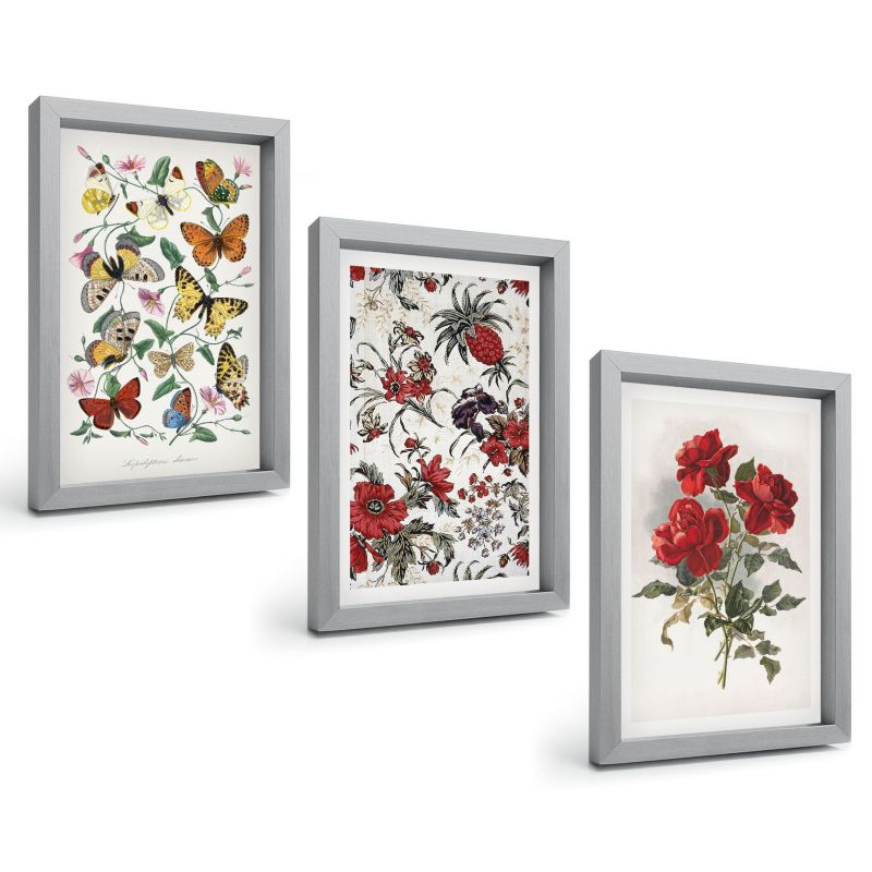 Zestaw Obrazów 3 Częściowy ArtPrintCave Srebrne Ramki 20x30 cm Dekoracja do Sypialni Motyle kwiaty czerwone róże 1 kpl.