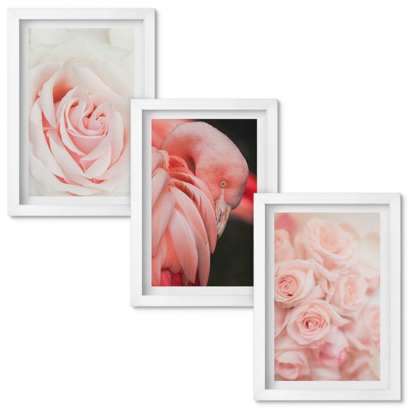Set Obrazów w Ramie Wallfluent Pastelowe róże flamingi delikatnie Biała rama 20x30cm 3 szt.