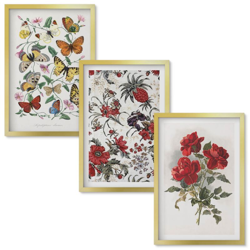 Set Obrazów w Ramie Wallfluent Motyle kwiaty czerwone róże Złota rama 40x60 cm 3 szt.